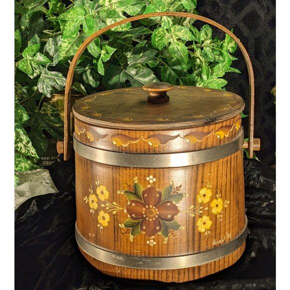 Norwegian Rosemaling Folk Art Tole Hand Painted Vintage Wood Ice Bucket Signed - Picture 1 of 10